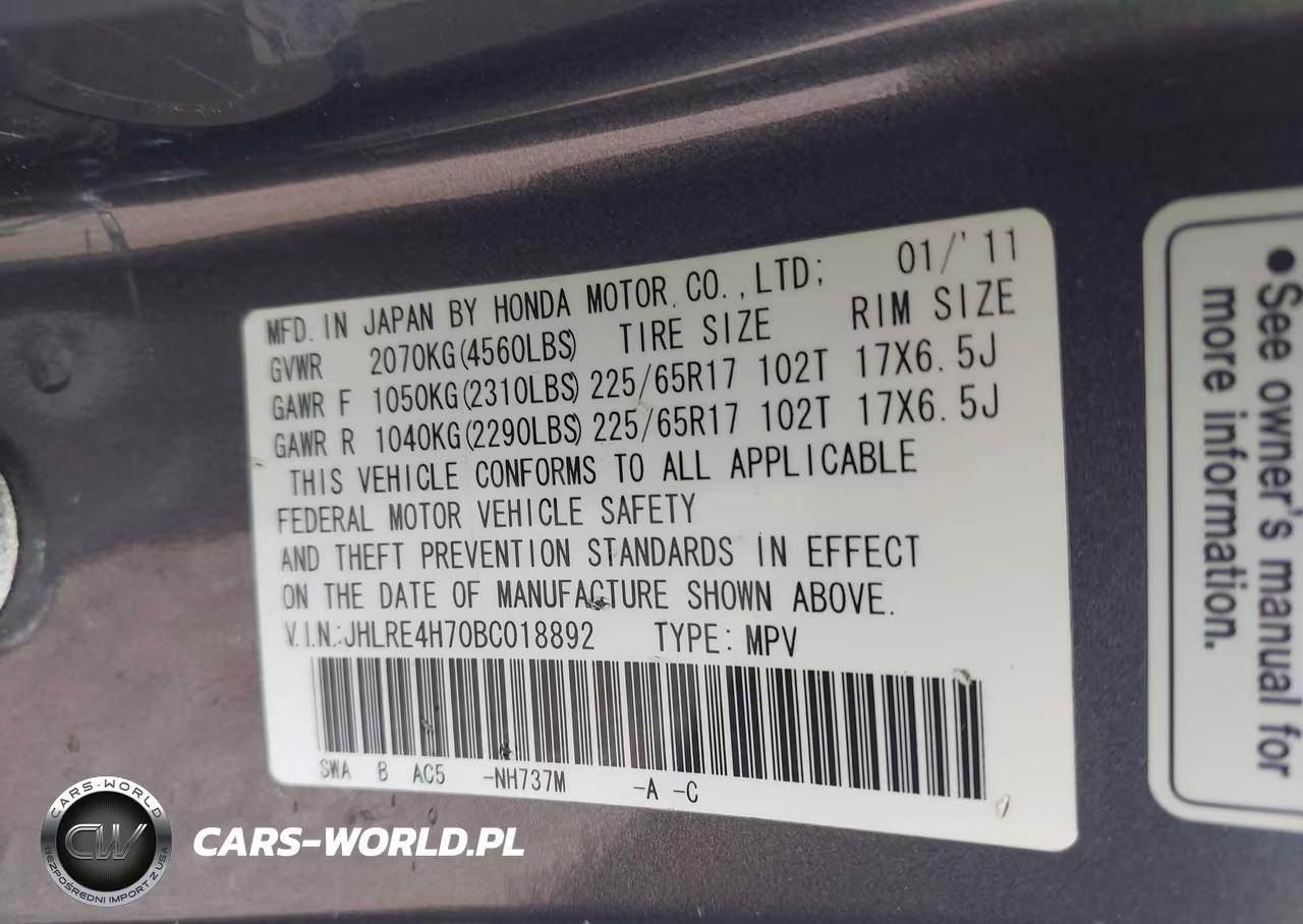 2011 Honda Cr-V Ex-L VIN:JHLRE4H70BC018892 - 9