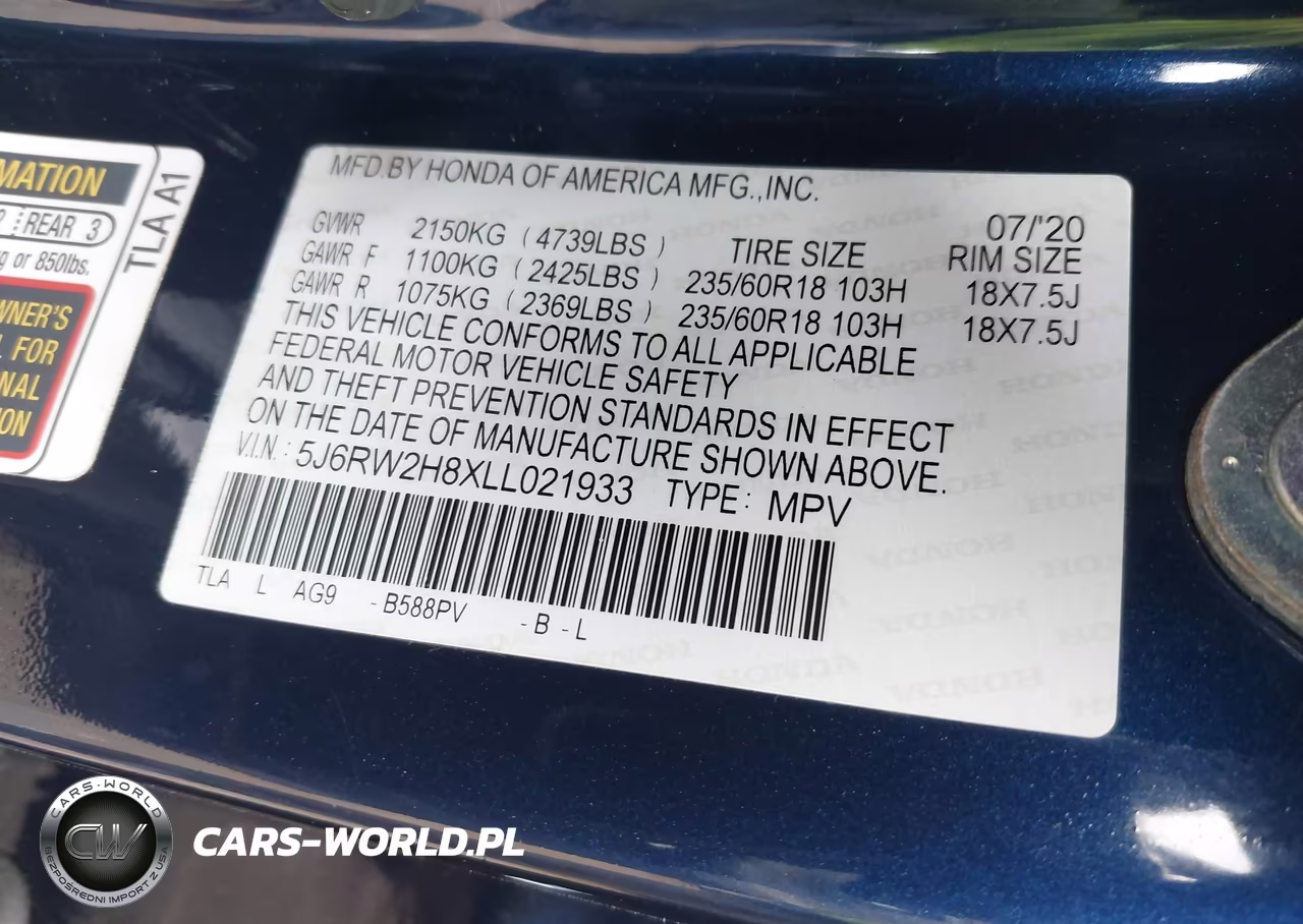 2020 Honda Cr-V Awd Ex-L VIN:5J6RW2H8XLL021933 - 9