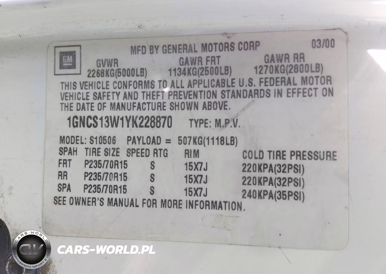 2000 Chevrolet Blazer Ls VIN:1GNCS13W1YK228870 - 9