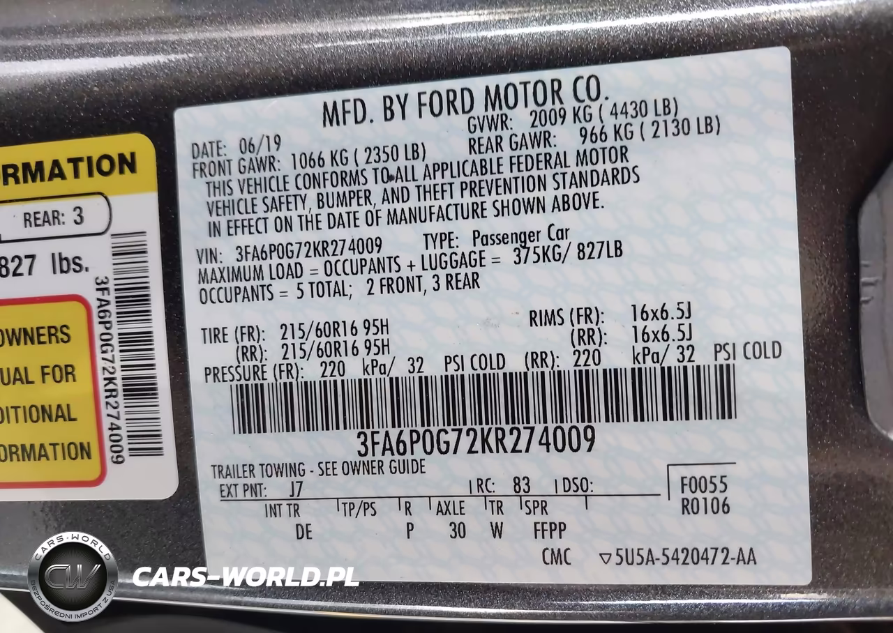 2019 Ford Fusion S VIN:3FA6P0G72KR274009 - 9