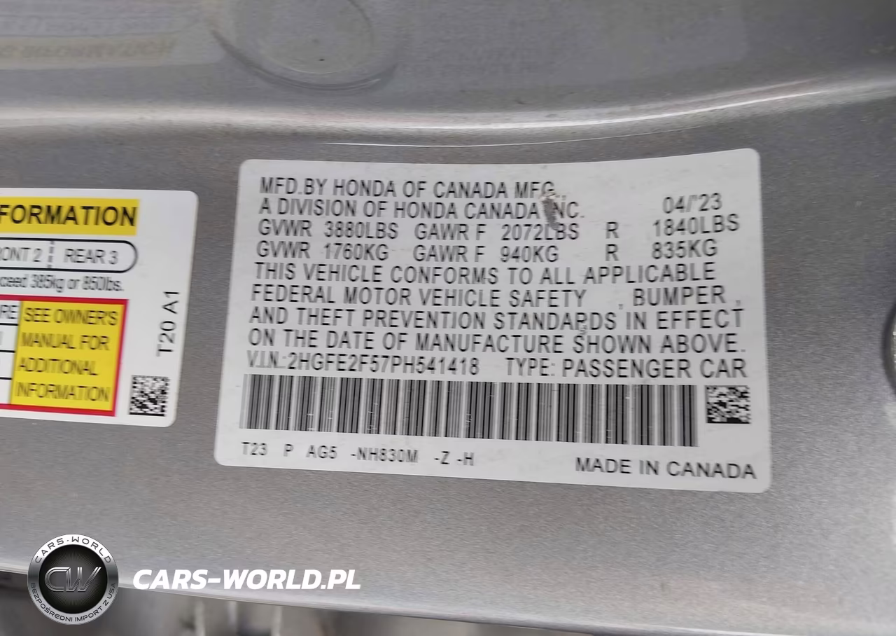 2023 Honda Civic Sport VIN:2HGFE2F57PH541418 - 9
