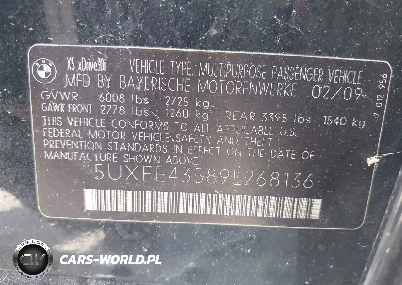 2009 BMW X5 xDrive30I VIN:5UXFE43589L268136 - 9