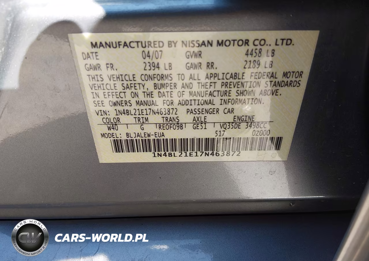 2007 Nissan Altima 3.5 Sl VIN:1N4BL21E17N463872 - 9