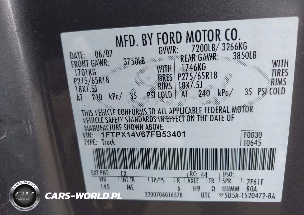 2007 Ford F-150 Fx4-Lariat-Xl-Xlt VIN:1FTPX14V67FB53401 - 9