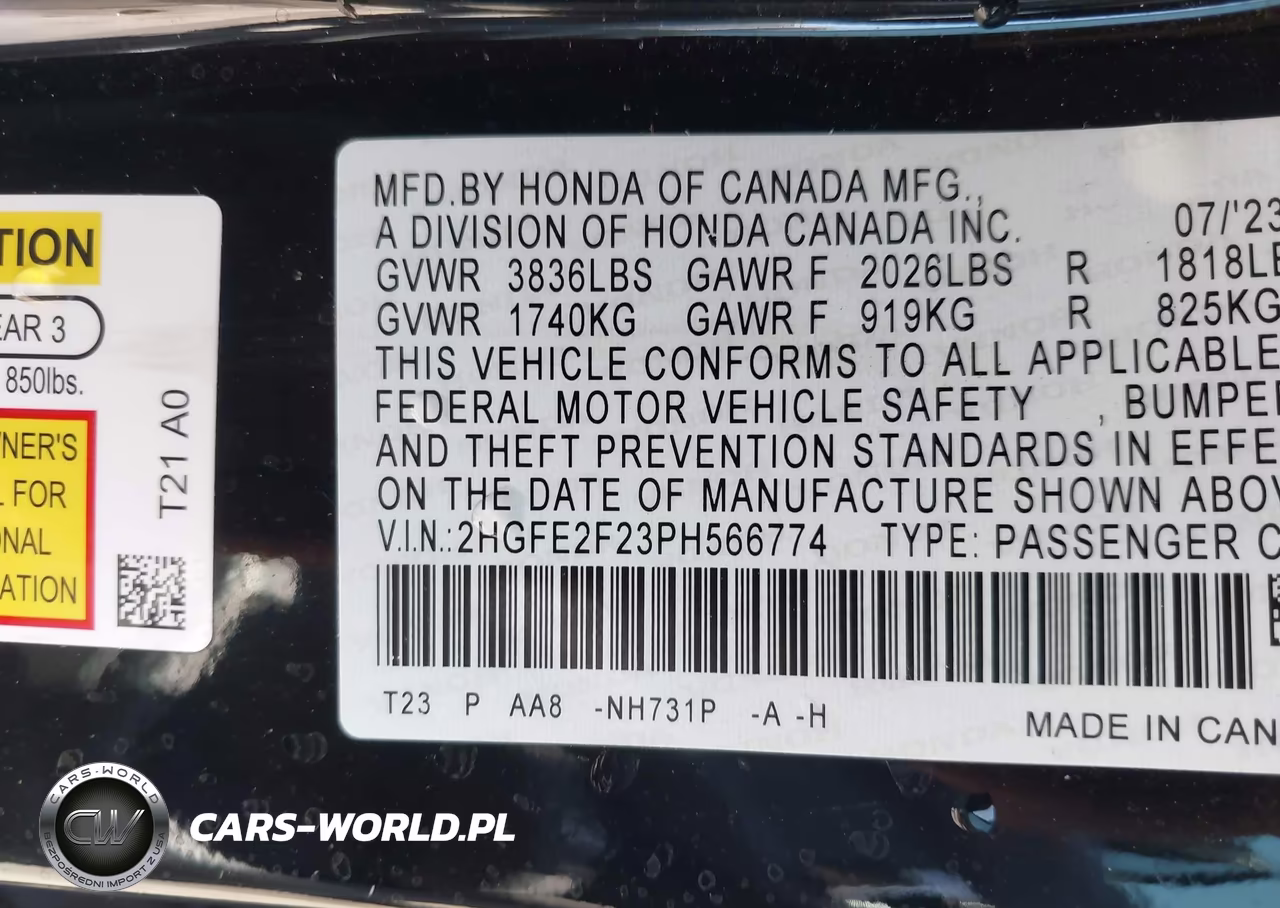 2023 Honda Civic Lx VIN:2HGFE2F23PH566774 - 9