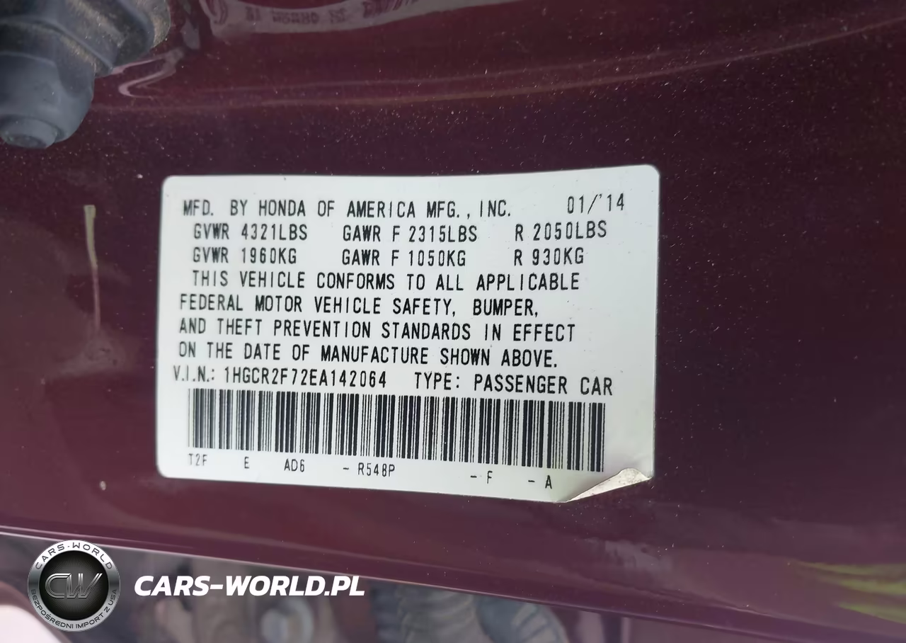 2014 Honda Accord Ex VIN:1HGCR2F72EA142064 - 9