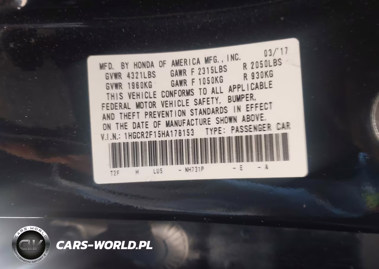 2017 Honda Accord Sport Se VIN:1HGCR2F15HA178153 - 9