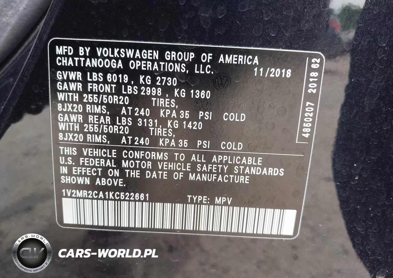 2019 Volkswagen Atlas 3.6L V6 Sel VIN:1V2MR2CA1KC522661 - 9