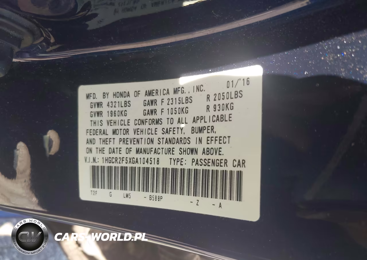 2016 Honda Accord Sport VIN:1HGCR2F5XGA104518 - 9