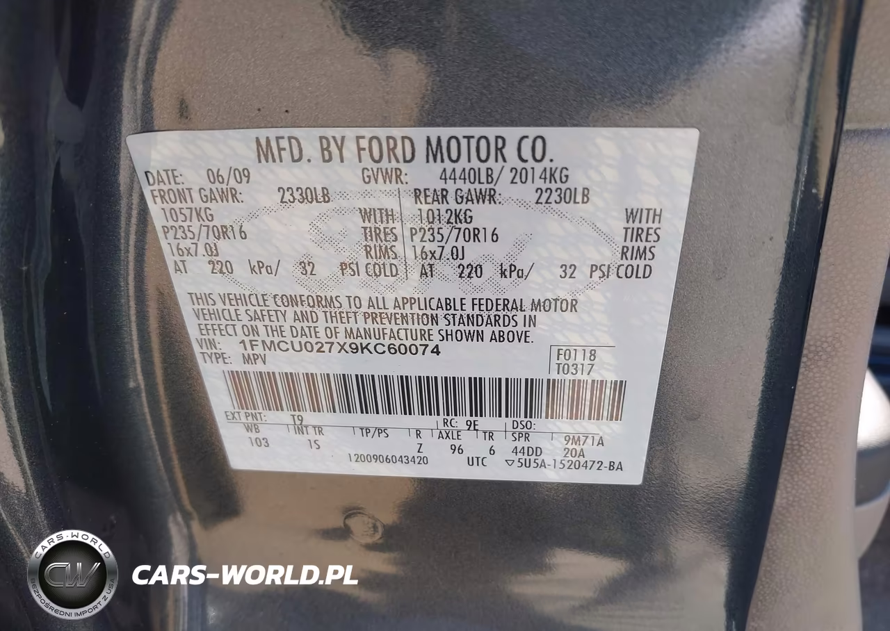 2009 Ford Escape Xls-Xls Manual VIN:1FMCU027X9KC60074 - 9
