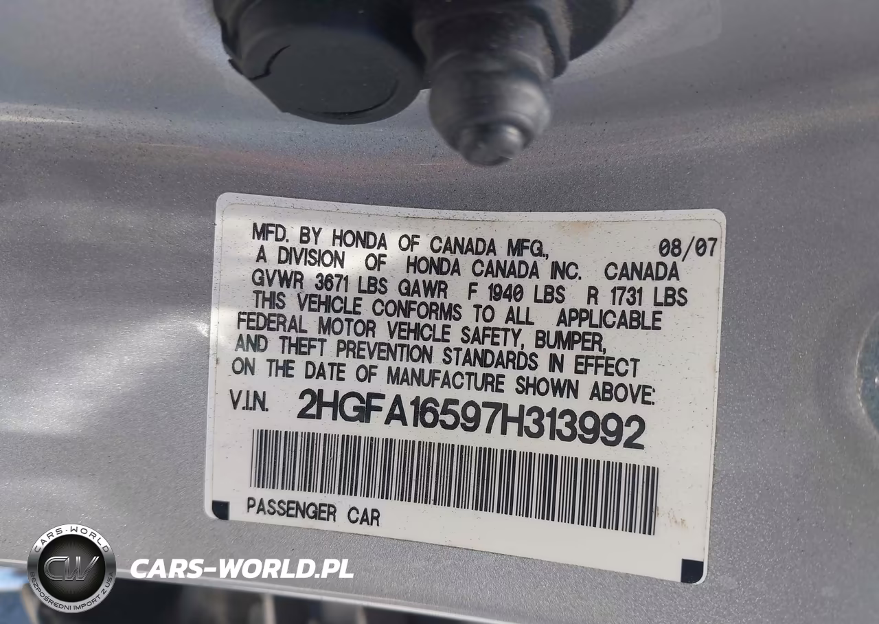 2007 Honda Civic Lx VIN:2HGFA16597H313992 - 9