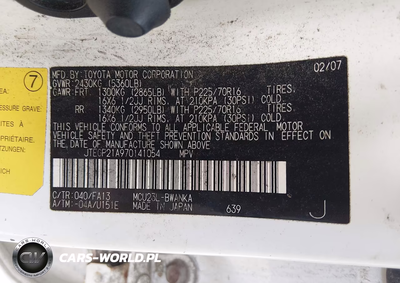 2007 Toyota Highlander V6 (2 Rows) (A5) VIN:JTEGP21A970141054 - 9
