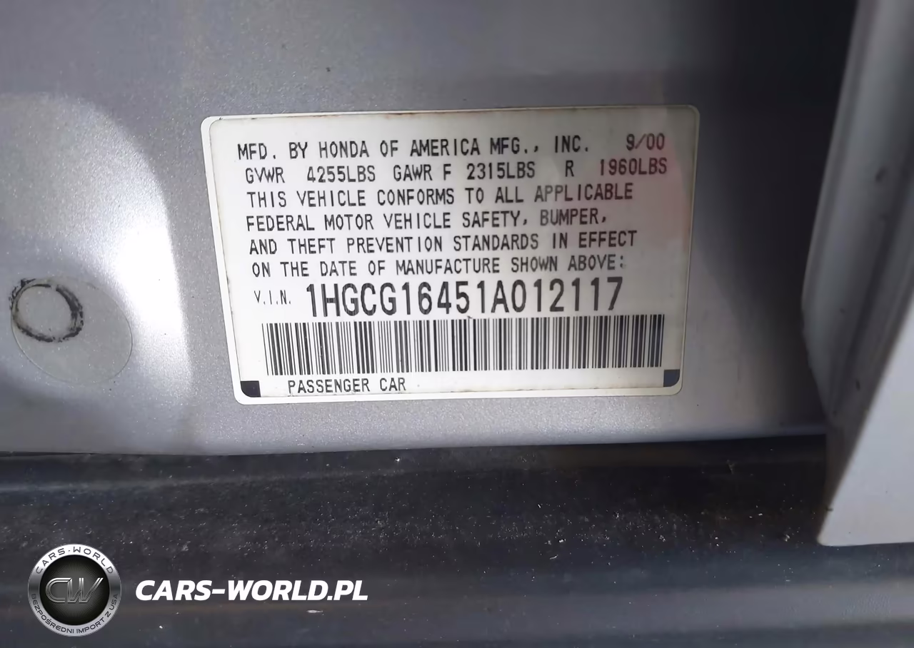 2001 Honda Accord 3.0 Lx VIN:1HGCG16451A012117 - 9