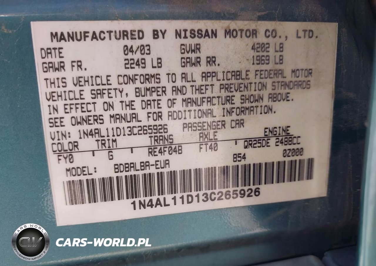 2003 Nissan Altima 2.5 S VIN:1N4AL11D13C265926 - 9