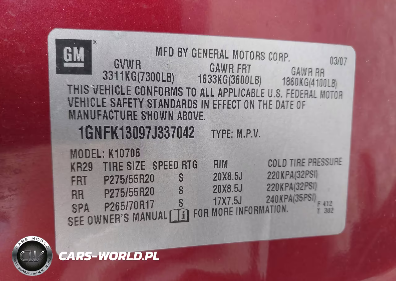 2007 Chevrolet Tahoe K1500 VIN:1GNFK13097J337042 - 9