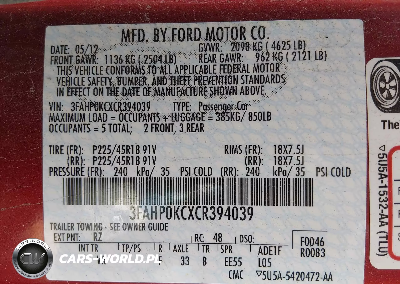 2012 Ford Fusion Sport VIN:3FAHP0KCXCR394039 - 9