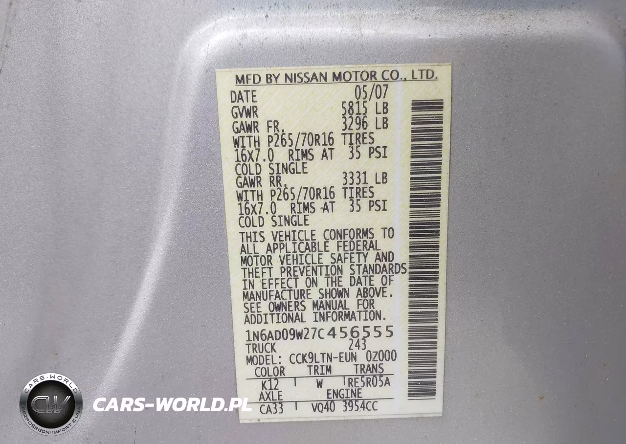 2007 Nissan Frontier Se VIN:1N6AD09W27C456555 - 9