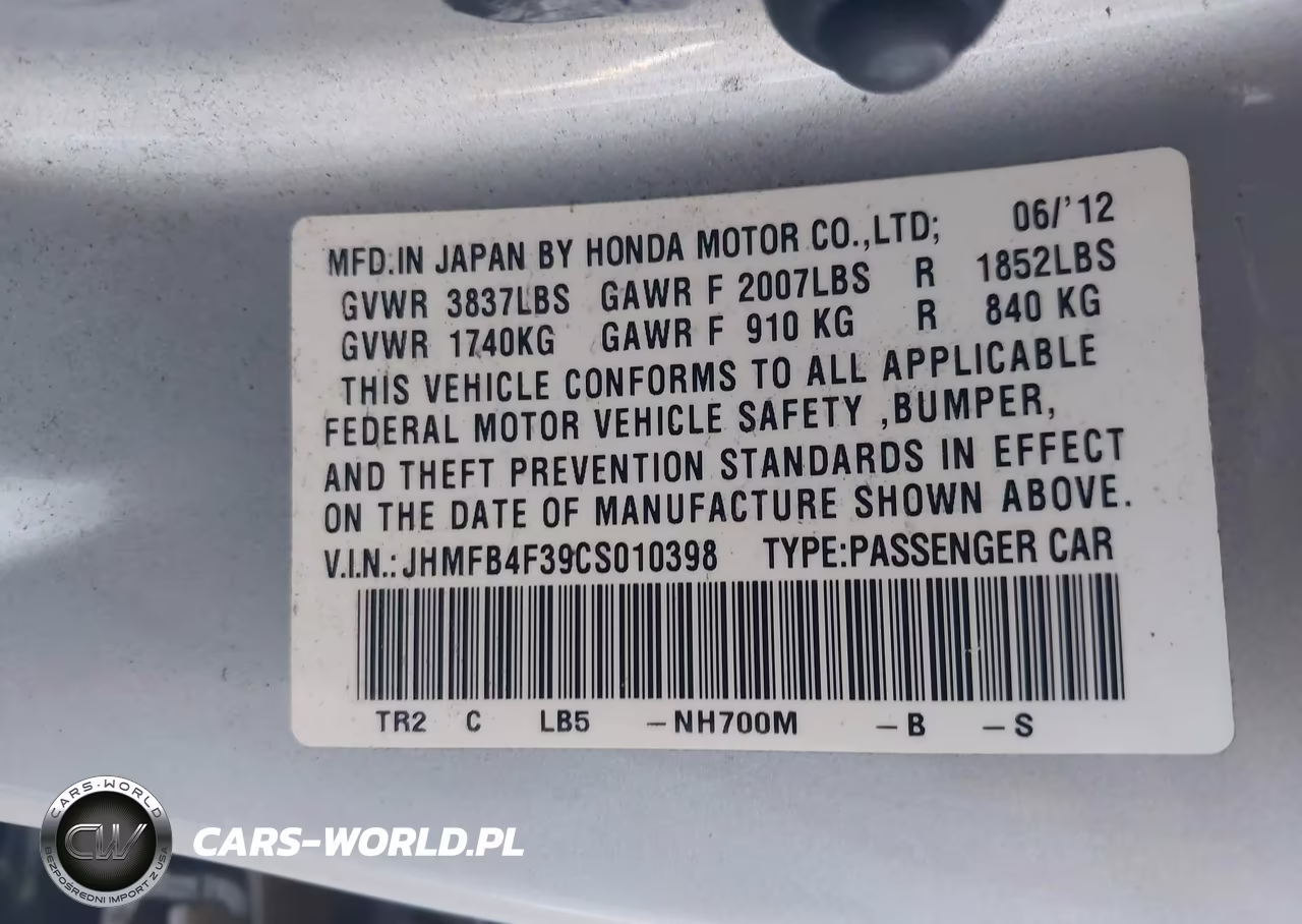 2012 Honda Civic Hybrid VIN:JHMFB4F39CS010398 - 9