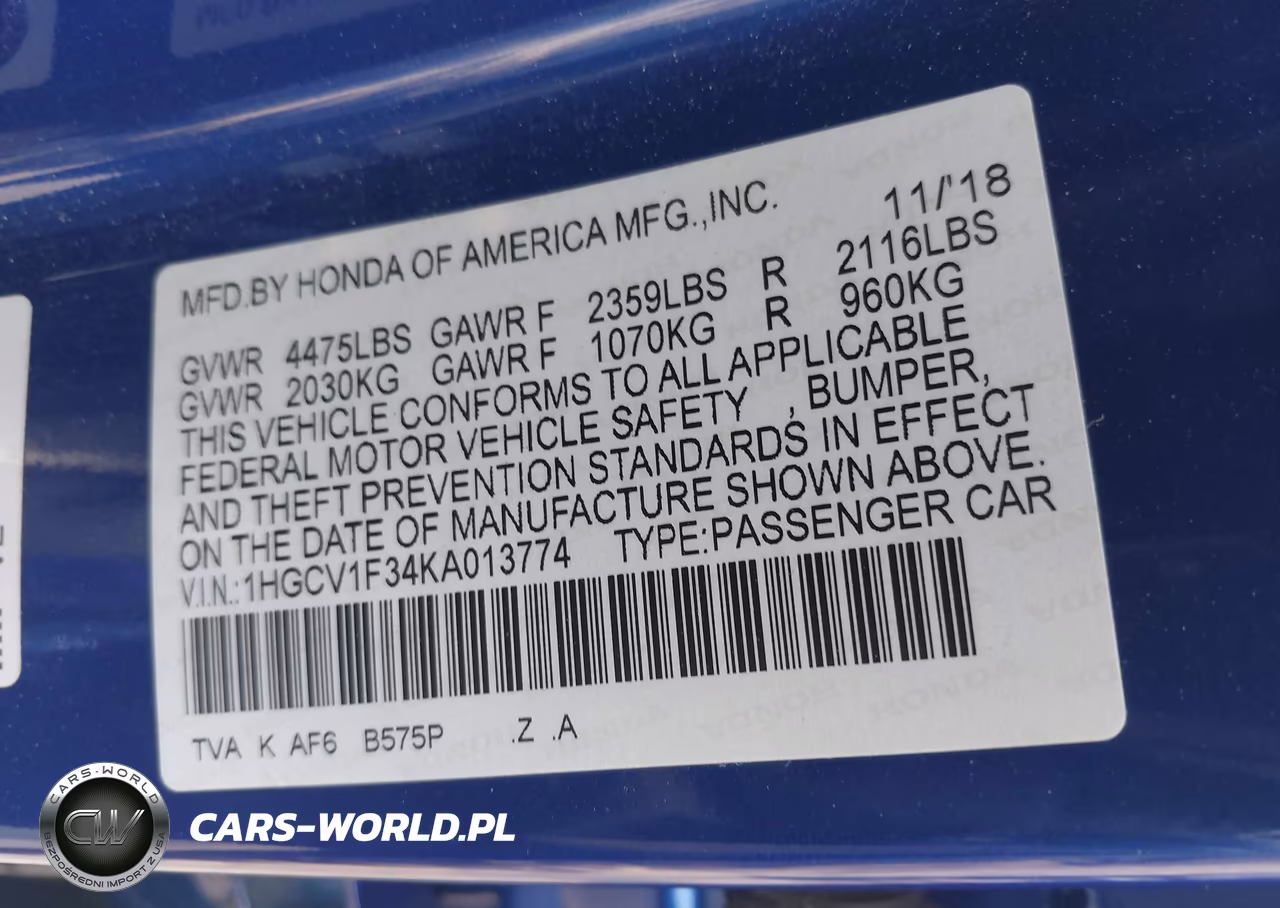 2019 Honda Accord Sport VIN:1HGCV1F34KA013774 - 9