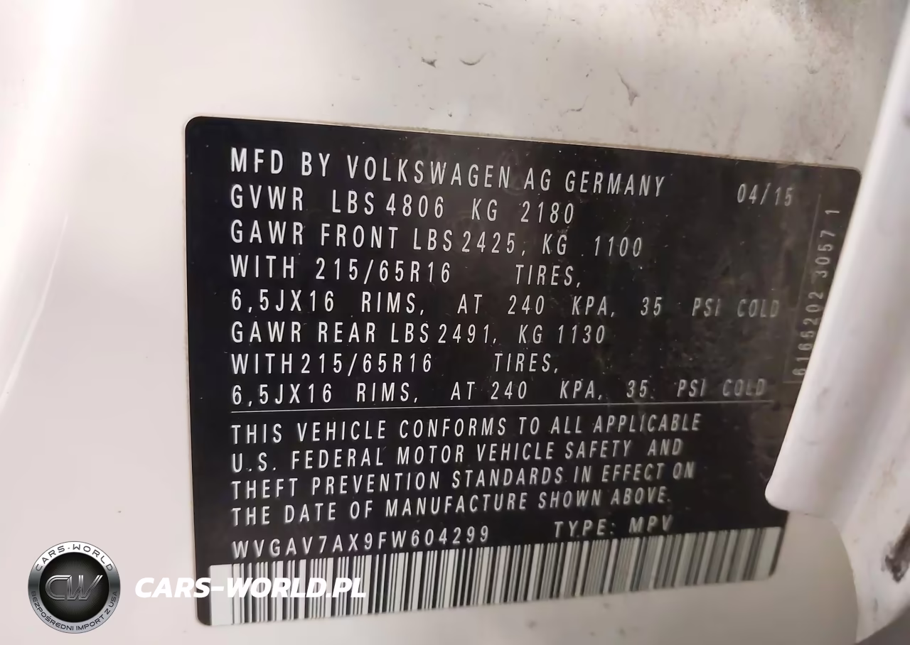 2015 Volkswagen Tiguan S VIN:WVGAV7AX9FW604299 - 9