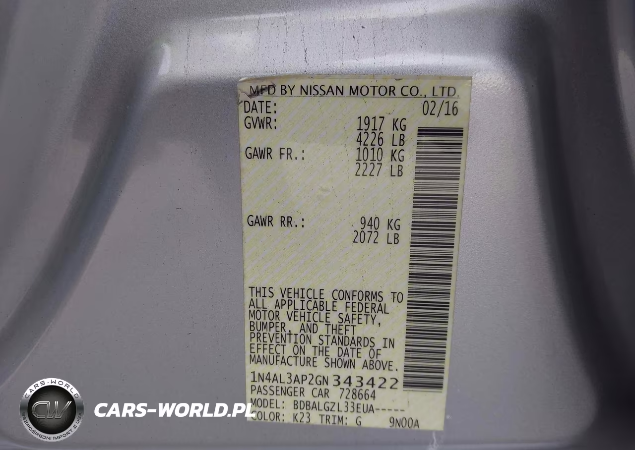 2016 Nissan Altima 2.5-2.5 S-2.5 Sl-2.5 Sr-2.5 Sv VIN:1N4AL3AP2GN343422 - 9