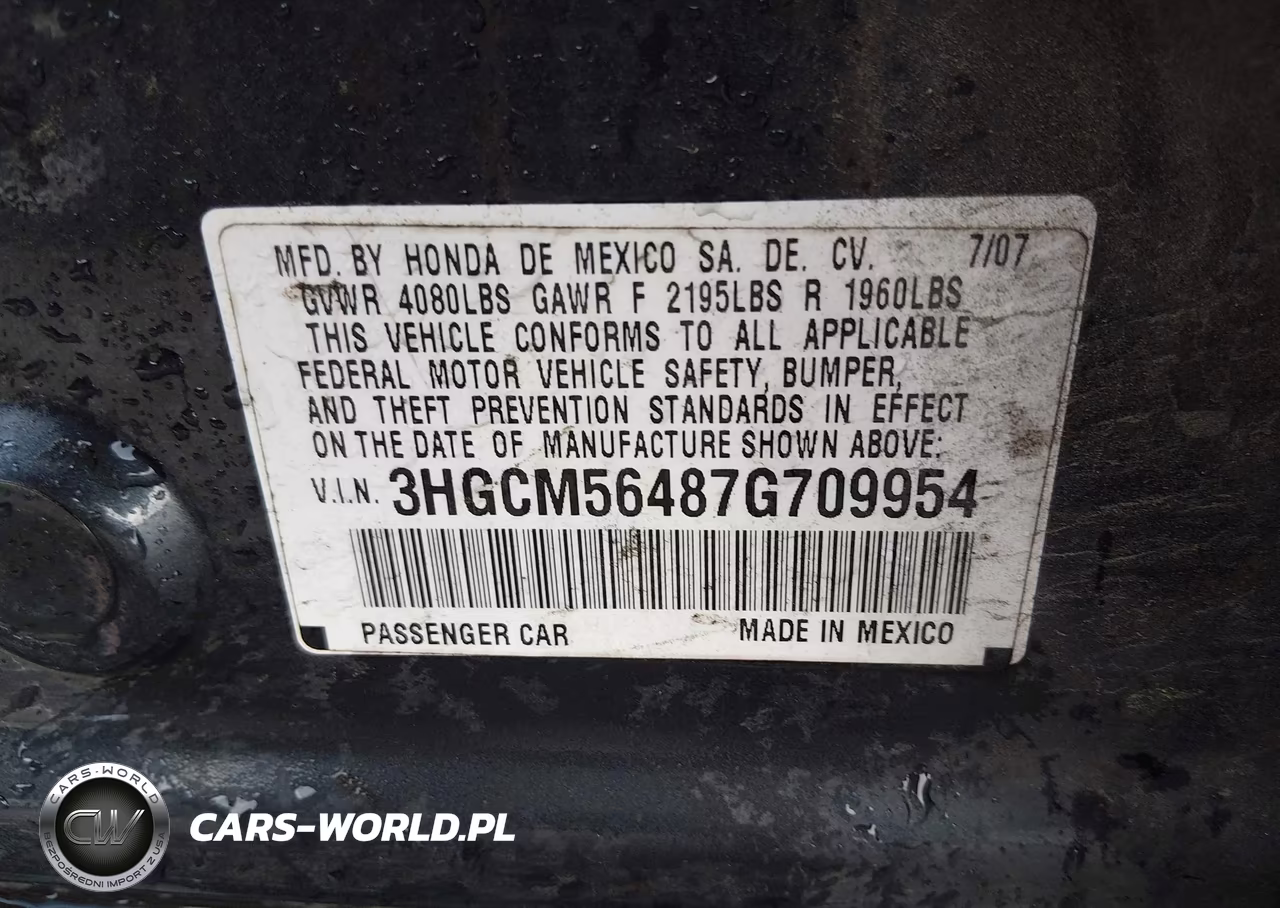 2007 Honda Accord 2.4 Lx VIN:3HGCM56487G709954 - 9