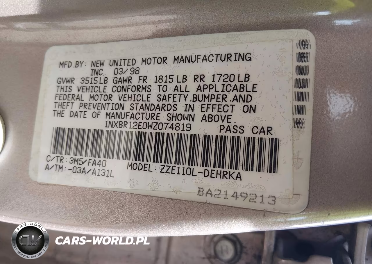 1998 Toyota Corolla Ve VIN:1NXBR12E0WZ074819 - 9
