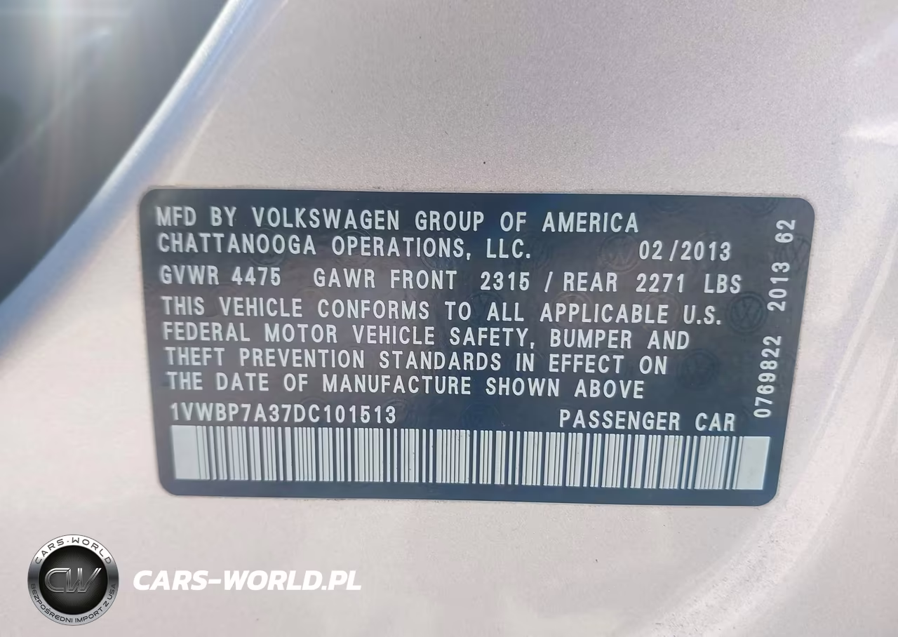 2013 Volkswagen Passat 2.5L Se VIN:1VWBP7A37DC101513 - 9