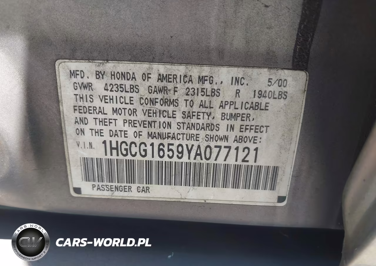 2000 Honda Accord 3.0 Ex VIN:1HGCG1659YA077121 - 9