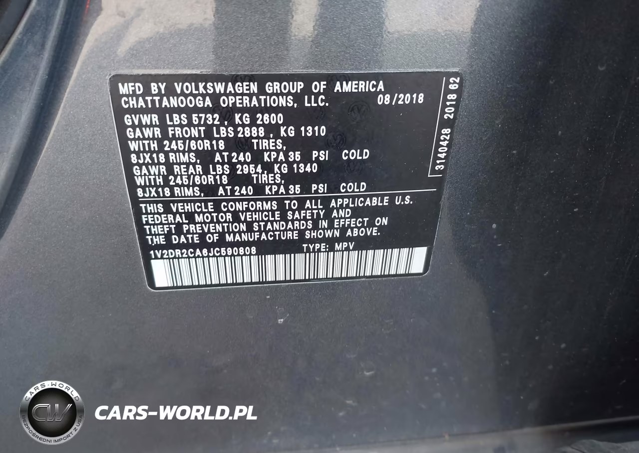 2018 Volkswagen Atlas 3.6L V6 Se-3.6L V6 Se W-Technology VIN:1V2DR2CA6JC590808 - 9