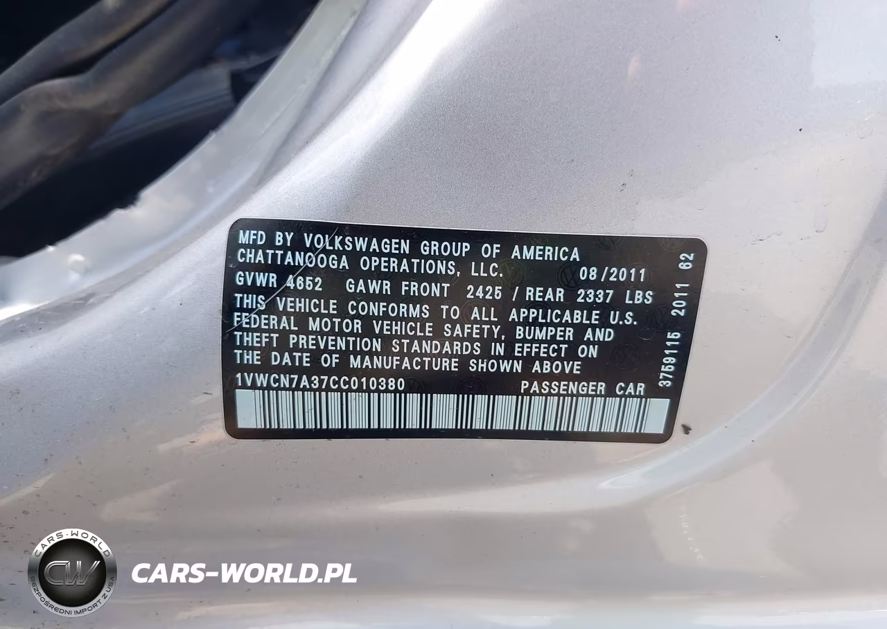 2012 Volkswagen Passat 2.0L Tdi Sel Premium VIN:1VWCN7A37CC010380 - 9