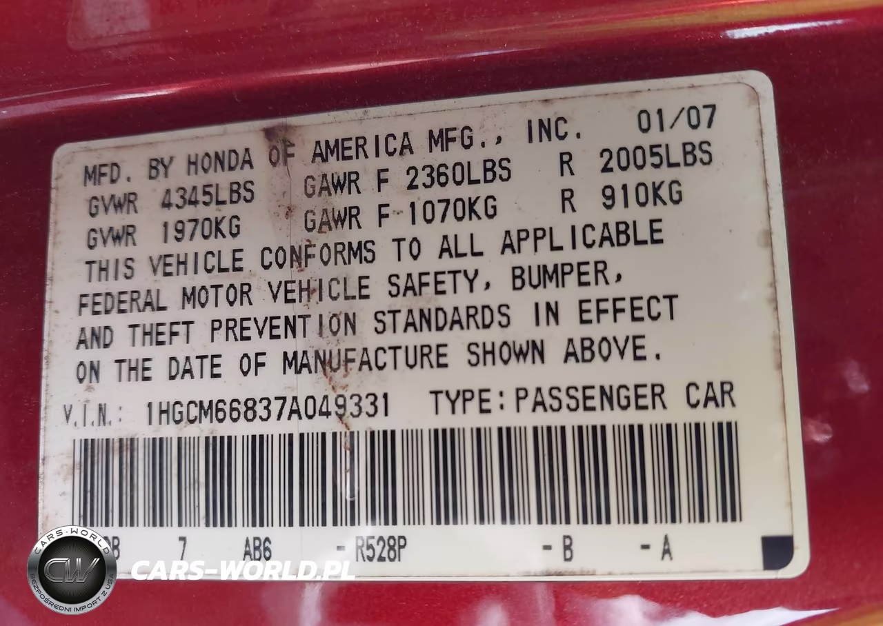 2007 Honda Accord 3.0 Ex VIN:1HGCM66837A049331 - 9