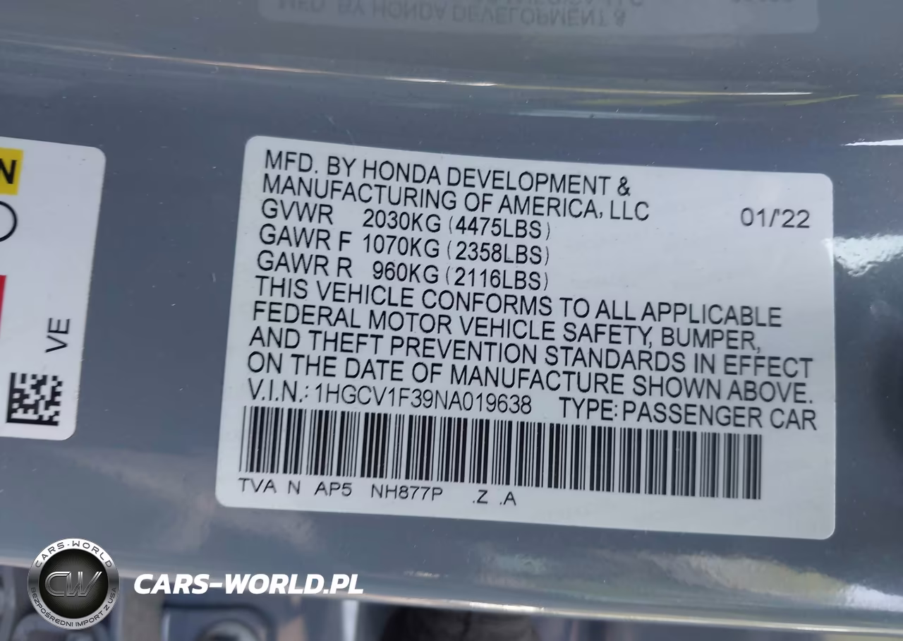 2022 Honda Accord Sport VIN:1HGCV1F39NA019638 - 9