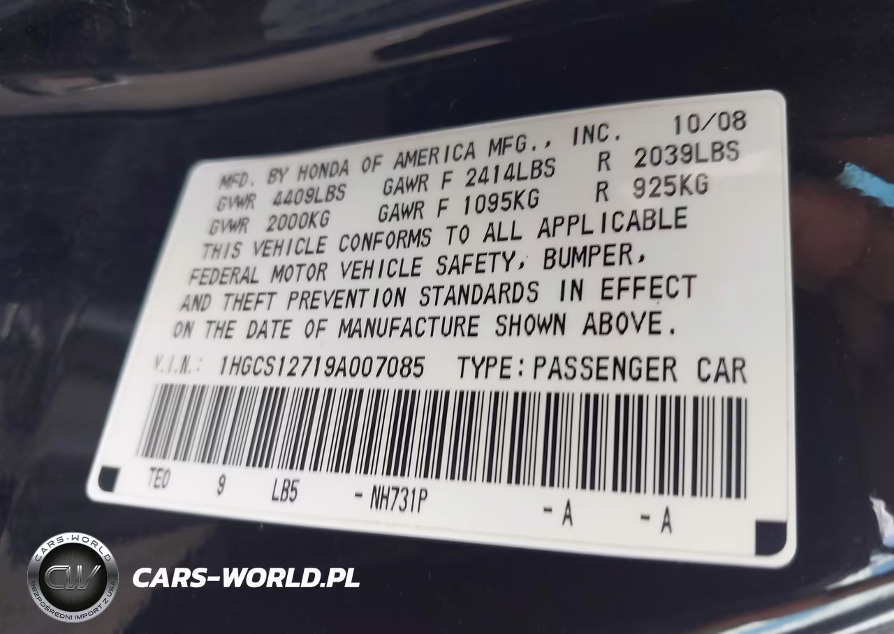 2009 Honda Accord Ex VIN:1HGCS12719A007085 - 9