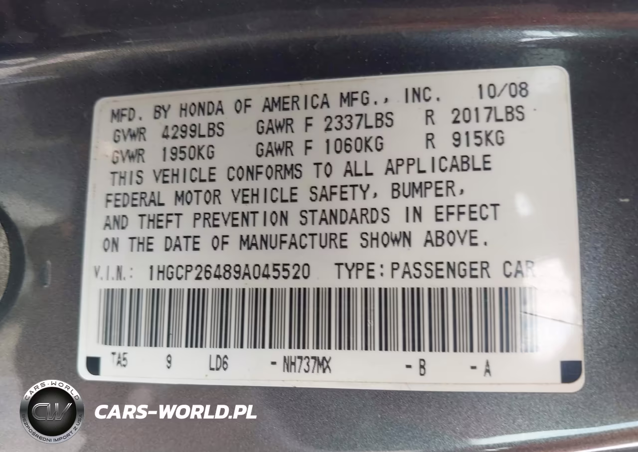 2009 Honda Accord 2.4 Lx-P VIN:1HGCP26489A045520 - 9