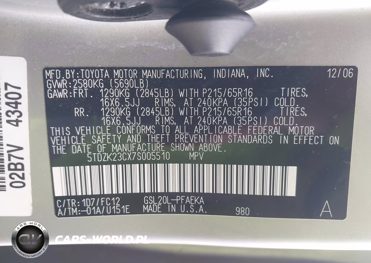 2007 Toyota Sienna Le VIN:5TDZK23CX7S005510 - 9