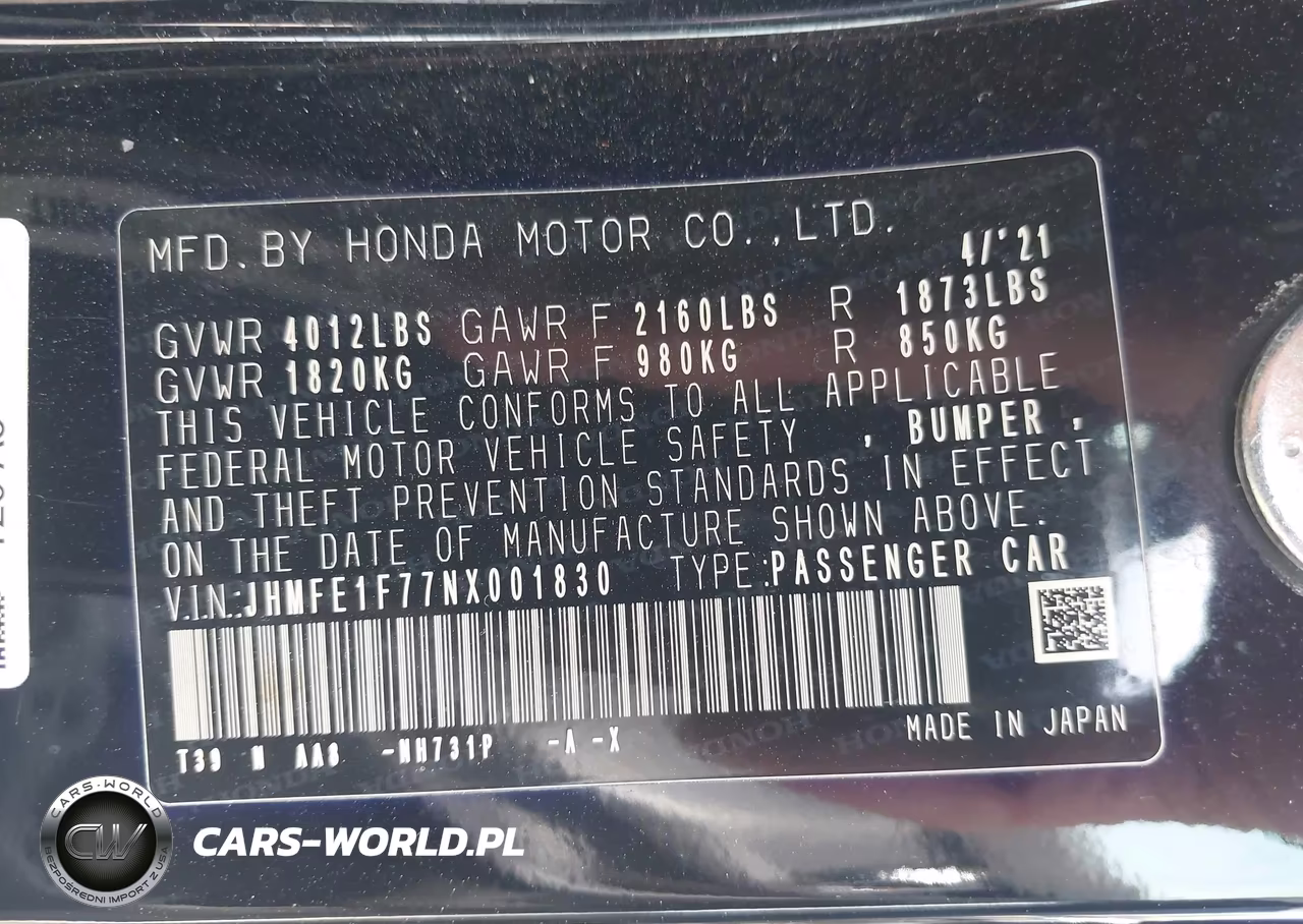 2022 Honda Civic Ex VIN:JHMFE1F77NX001830 - 9