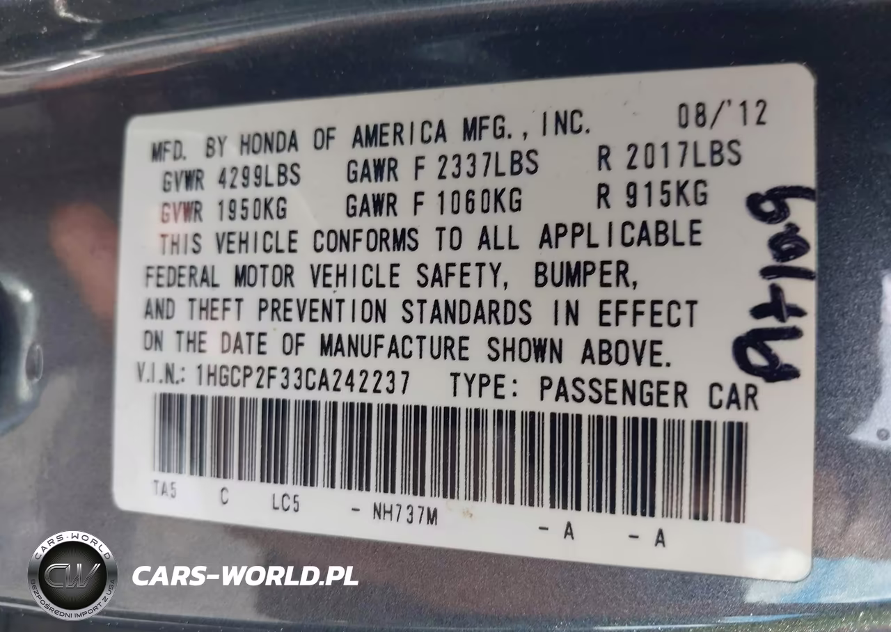 2012 Honda Accord 2.4 Lx VIN:1HGCP2F33CA242237 - 9