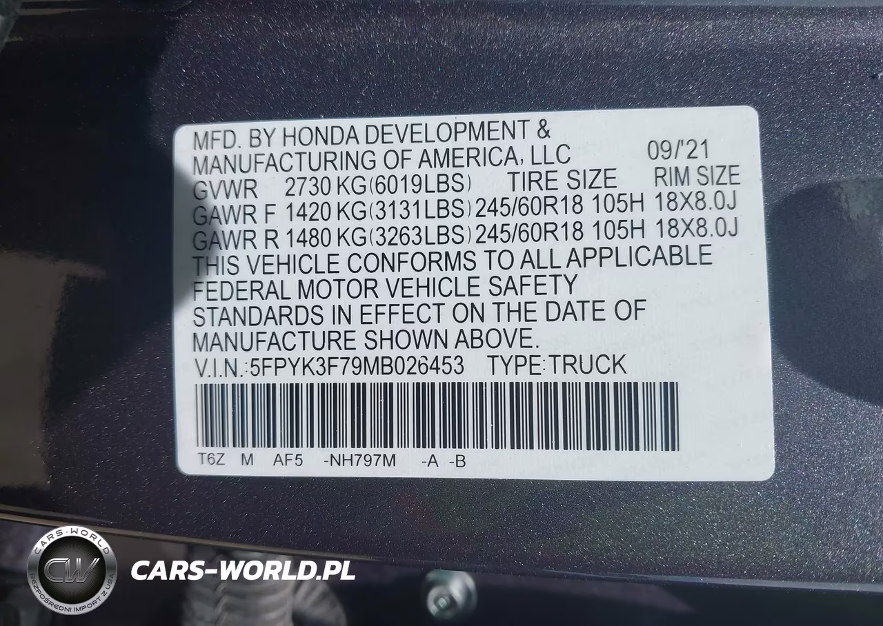 2021 Honda Ridgeline Rtl-E VIN:5FPYK3F79MB026453 - 9