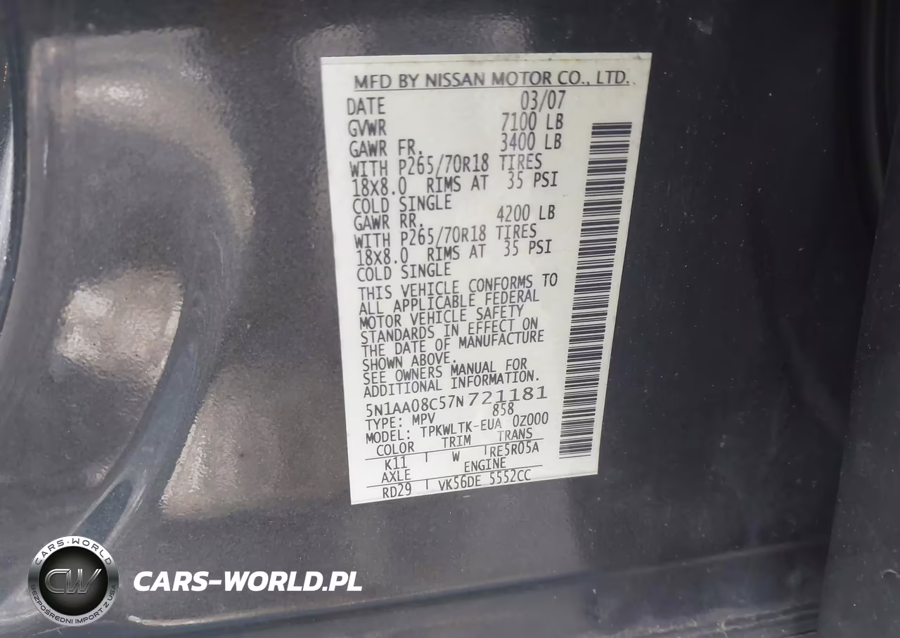 2007 Nissan Armada Se VIN:5N1AA08C57N721181 - 9