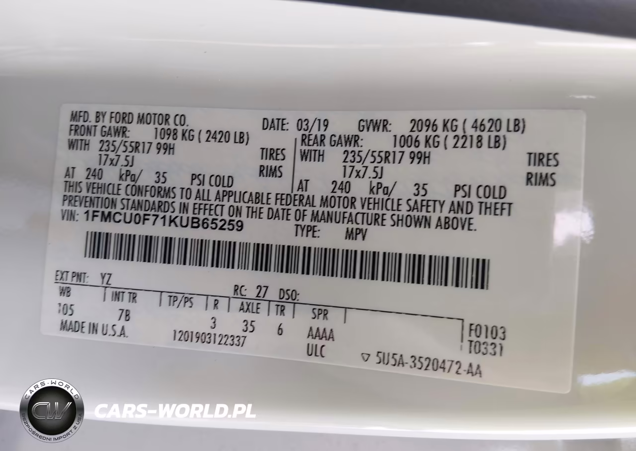 2019 Ford Escape S VIN:1FMCU0F71KUB65259 - 9