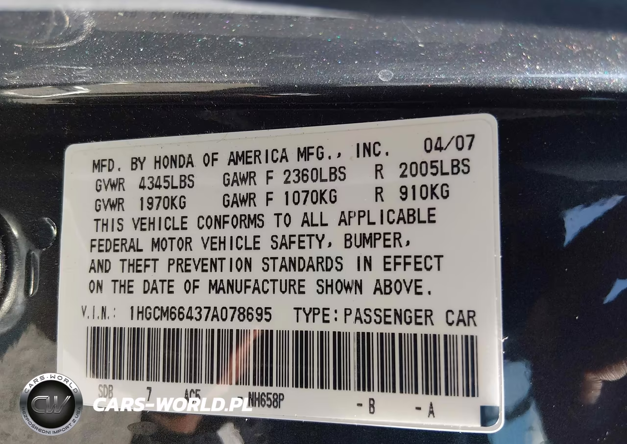 2007 Honda Accord 3.0 Se VIN:1HGCM66437A078695 - 9