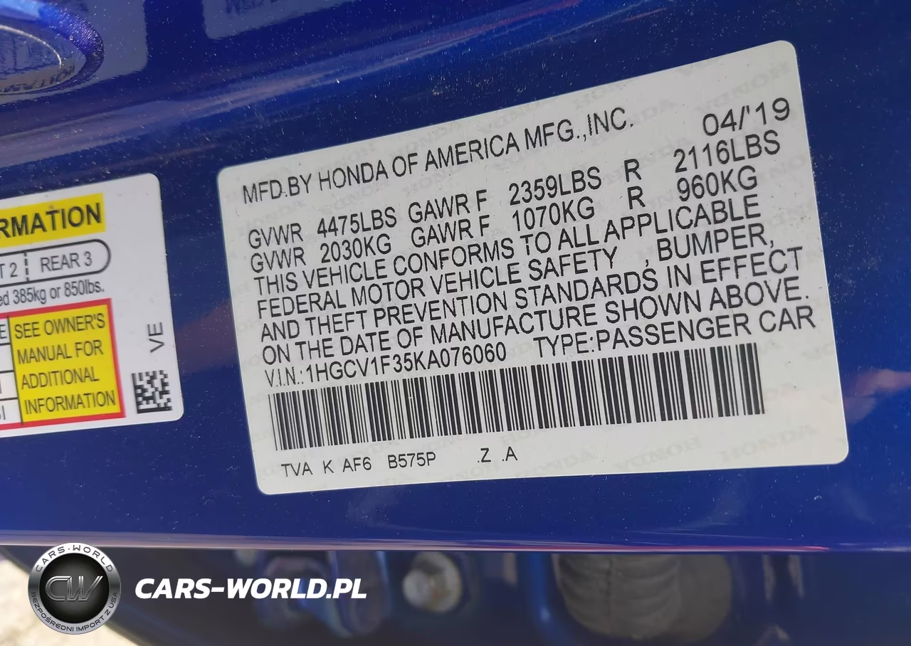 2019 Honda Accord Sport VIN:1HGCV1F35KA076060 - 9