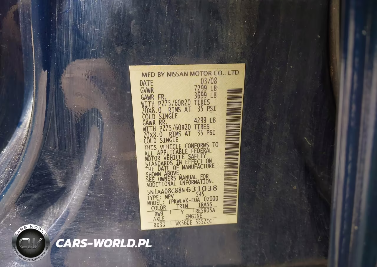 2008 Nissan Armada Le VIN:5N1AA08C88N631038 - 9