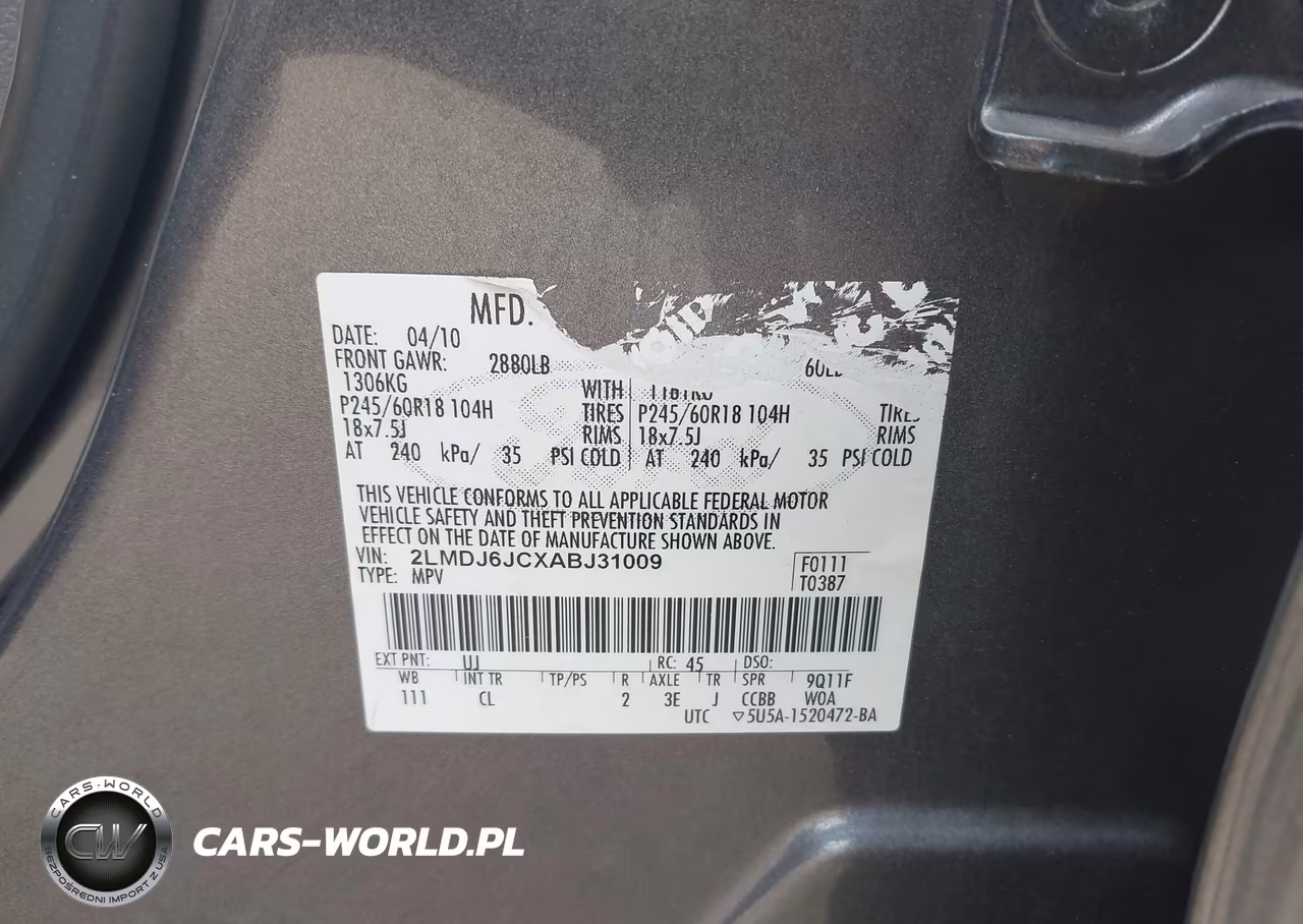 2010 Lincoln Mkx VIN:2LMDJ6JCXABJ31009 - 9