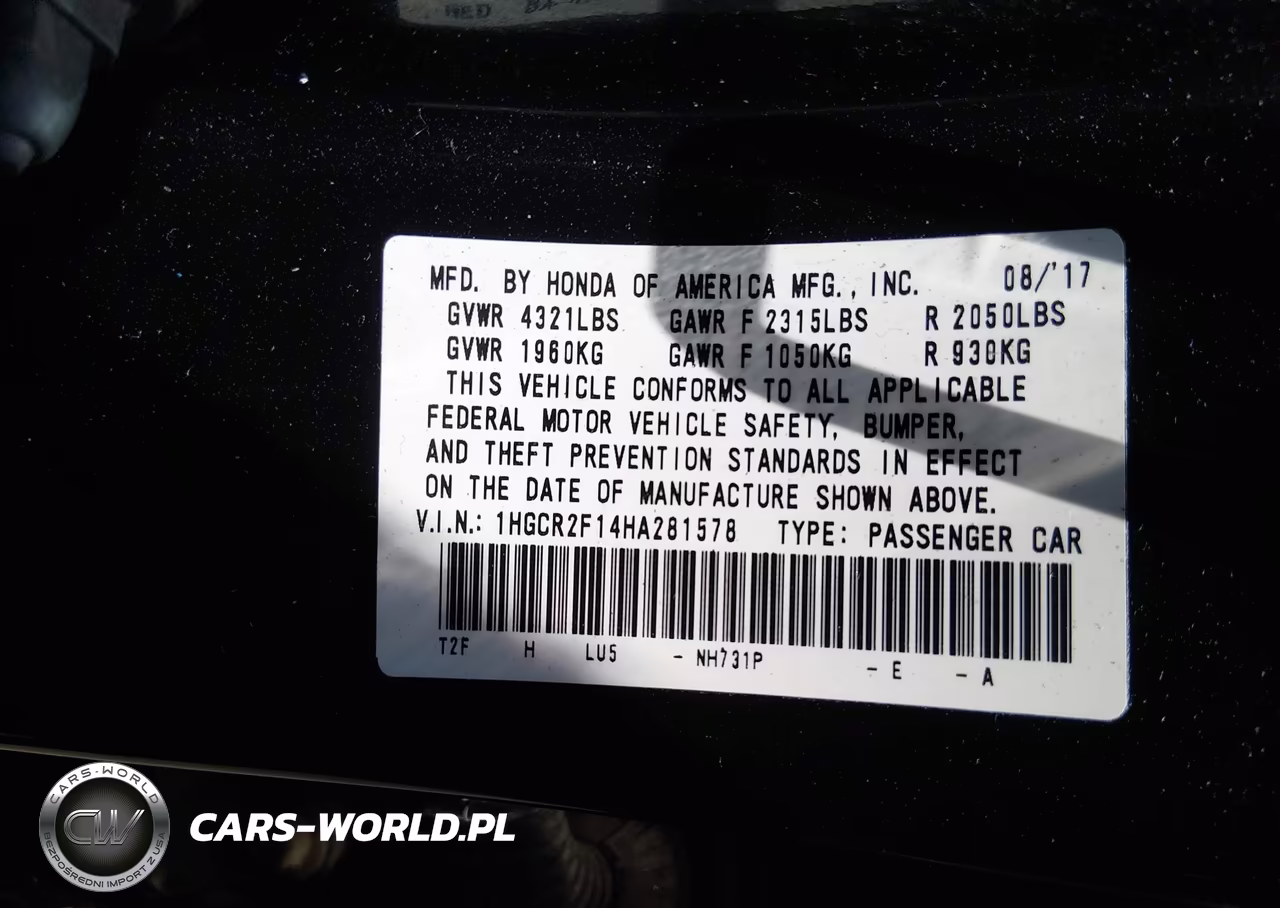 2017 Honda Accord Sport Se VIN:1HGCR2F14HA281578 - 9