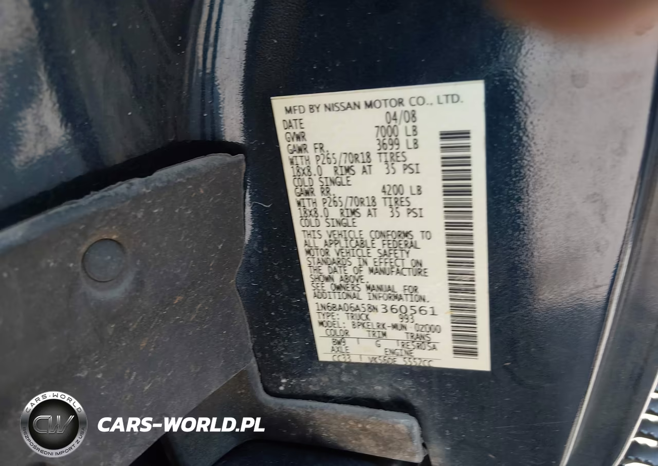 2008 Nissan Titan Xe VIN:1N6BA06A58N360561 - 9