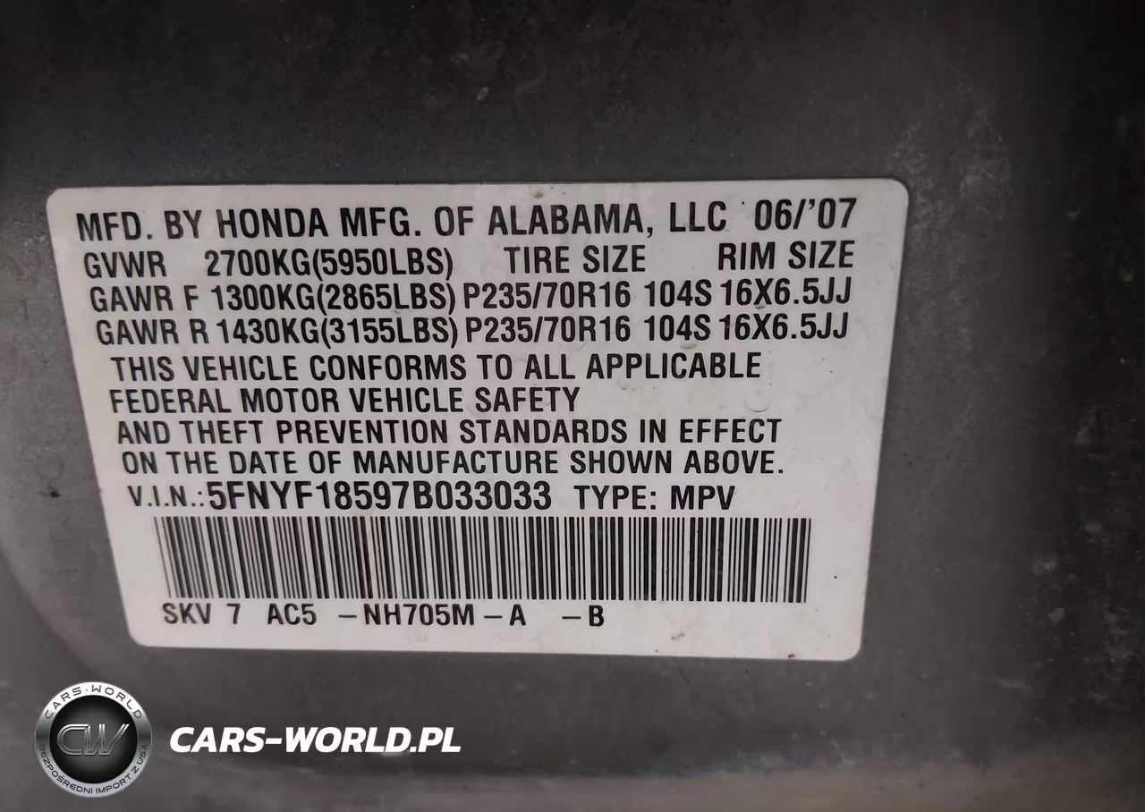 2007 Honda Pilot Exl VIN:5FNYF18597B033033 - 9