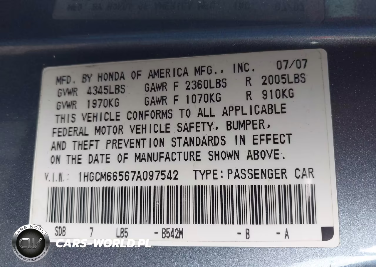 2007 Honda Accord 3.0 Ex VIN:1HGCM66567A097542 - 9