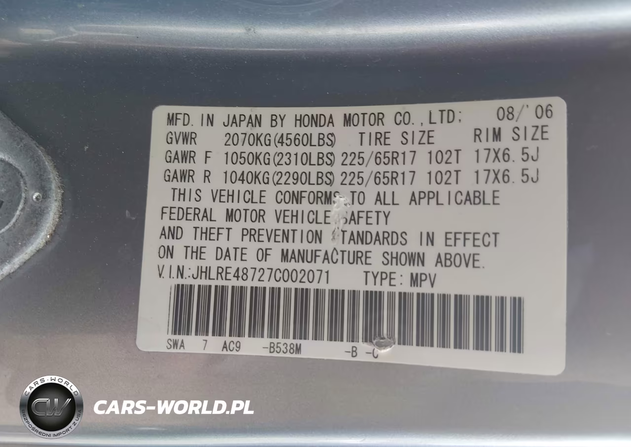 2007 Honda Cr-V Ex-L VIN:JHLRE48727C002071 - 9